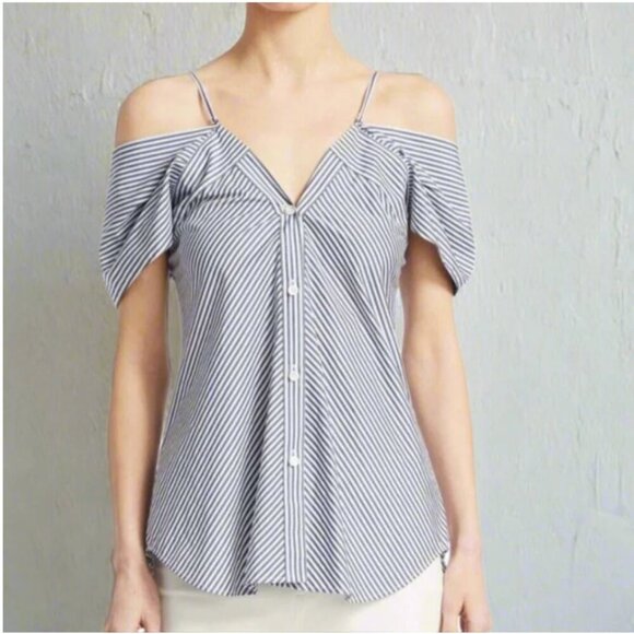 Theory Off Shoulder Top Womens Small Blue V-Neck Hartman Striped Cotton Summer - Picture 1 of 9